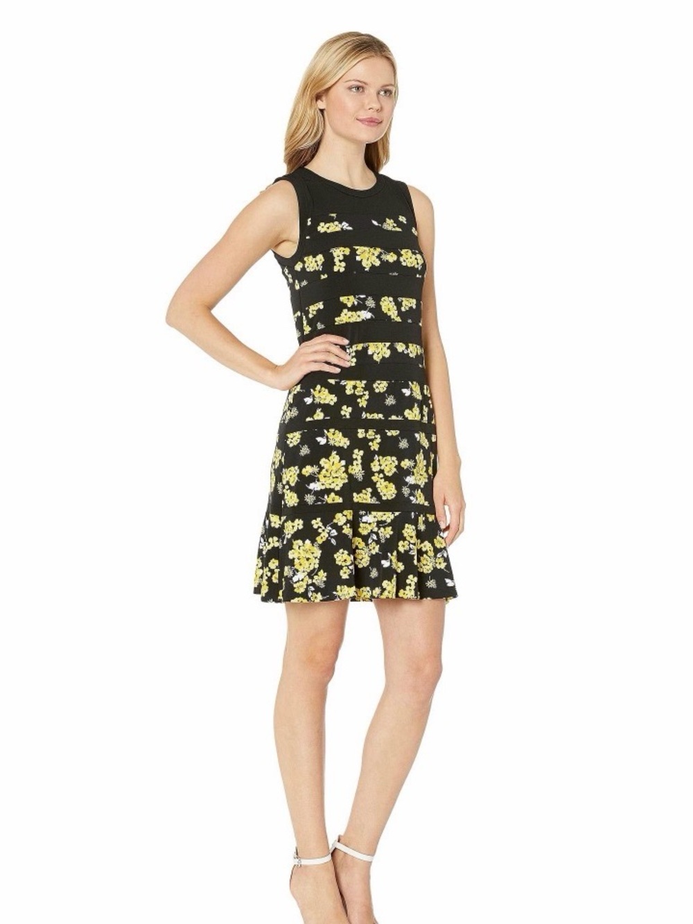 MICHAEL Michael Kors Black Sleeveless Mini Dress with Yellow Floral Stripes
